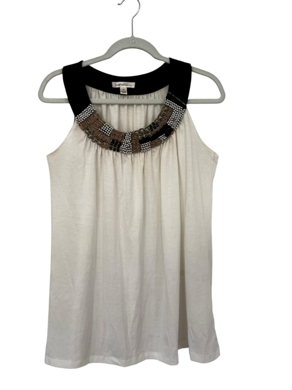 JohnPaulRichard Women’s Ivory Tank with Black Yoke and Beaded Neckline Size 8